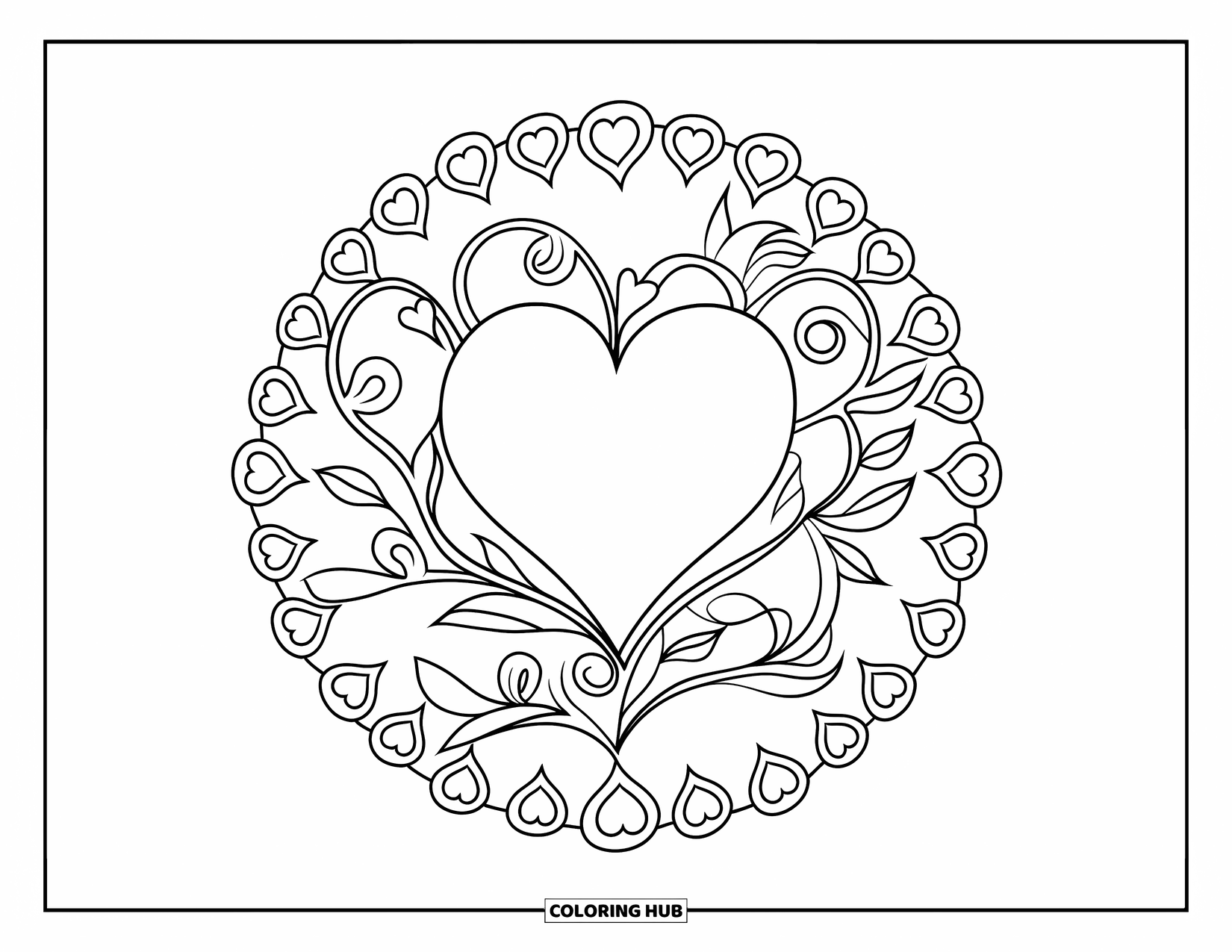 Heart Mandala Coloring Page for Adults: A romantic heart surrounded by swirling vines and tiny petals blooms across the page