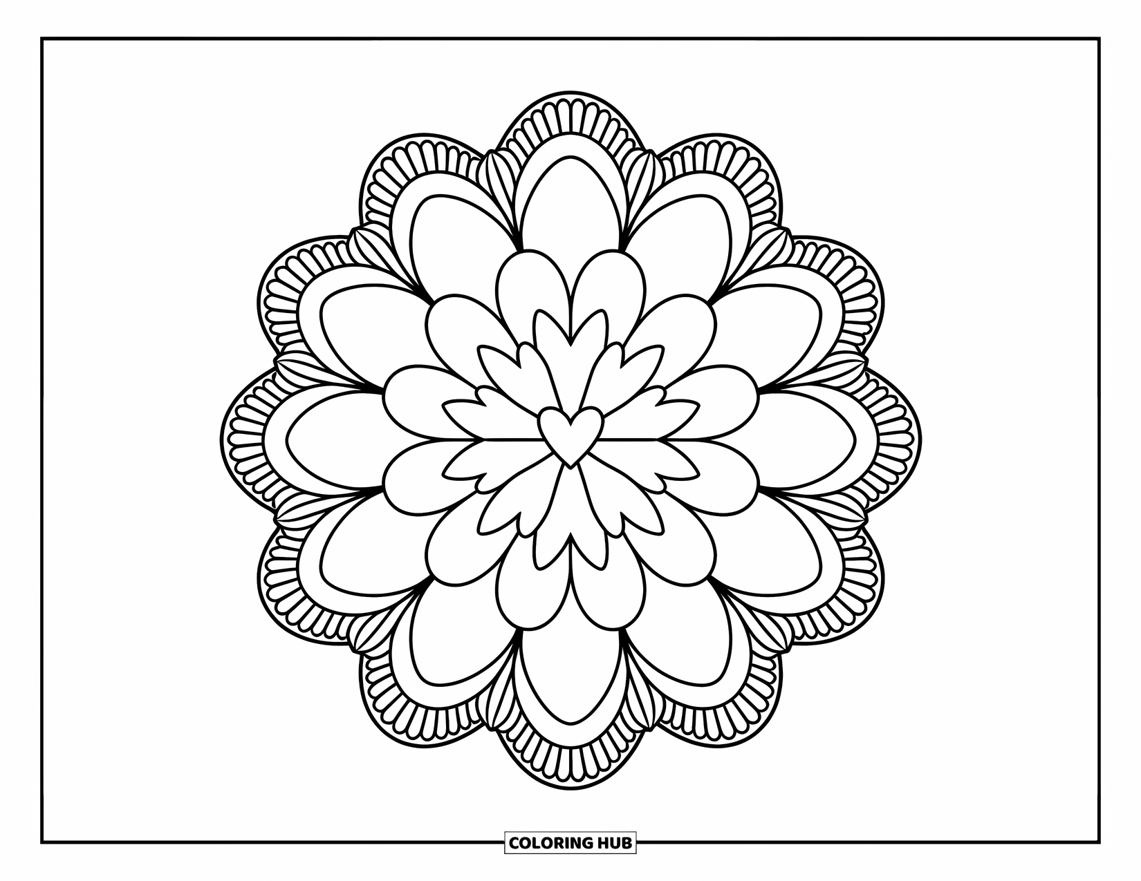 Heart Mandala Coloring Page for Adults: A rosette of interlocked hearts blooms into lace, loops, and sweet patterned layers