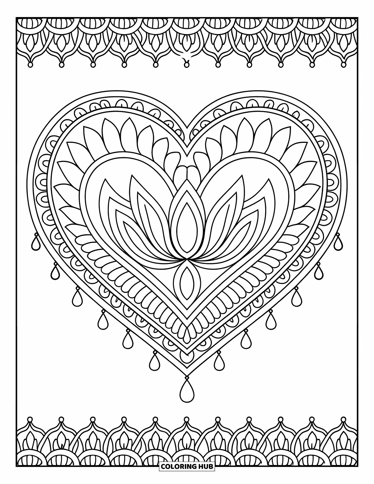 Heart Mandala Coloring Page for Adults: Delicate lace and floral layers bloom from a heart-shaped mandala