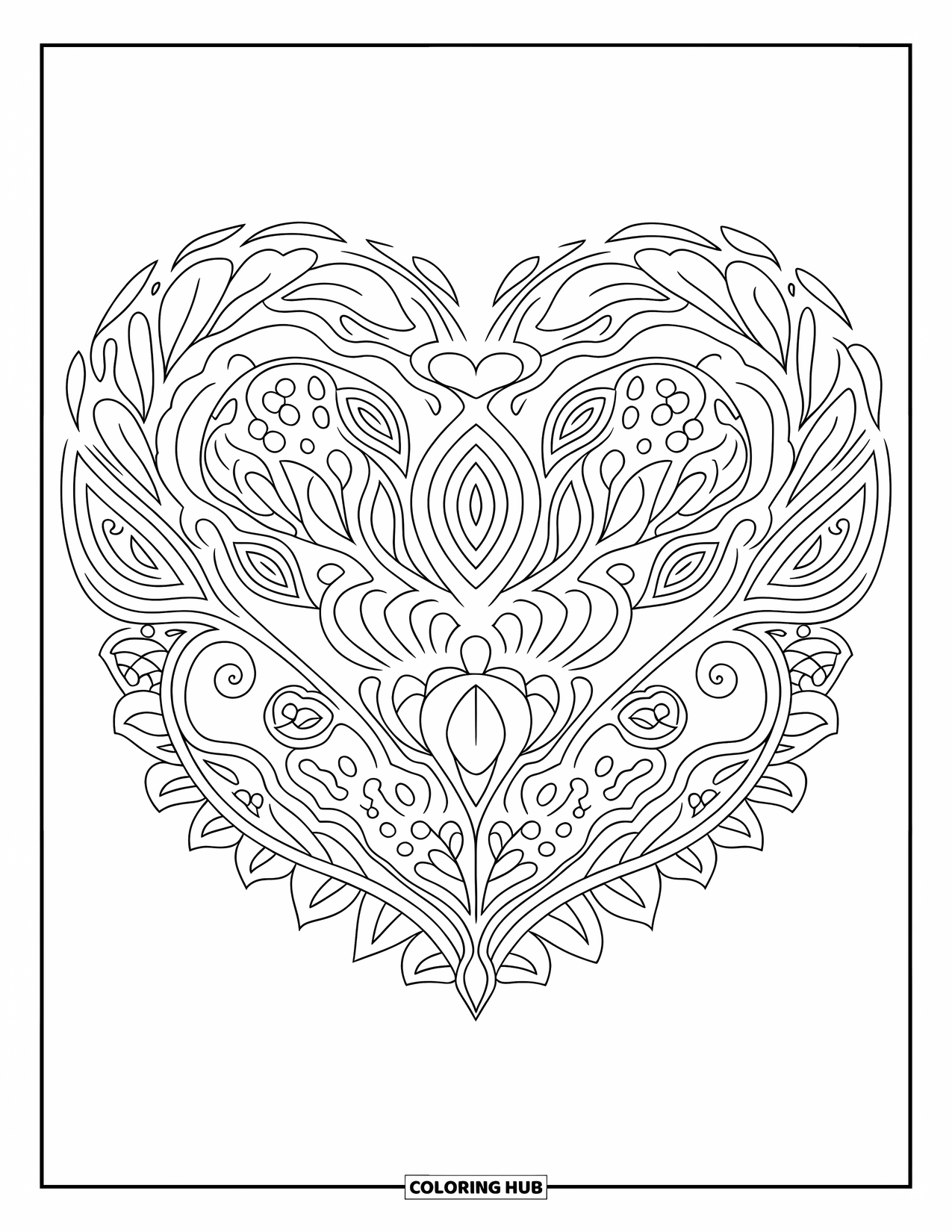 Heart Mandala Coloring Page for Adults: Elegant vine curves and paisley shapes fill this heart mandala with cozy detail