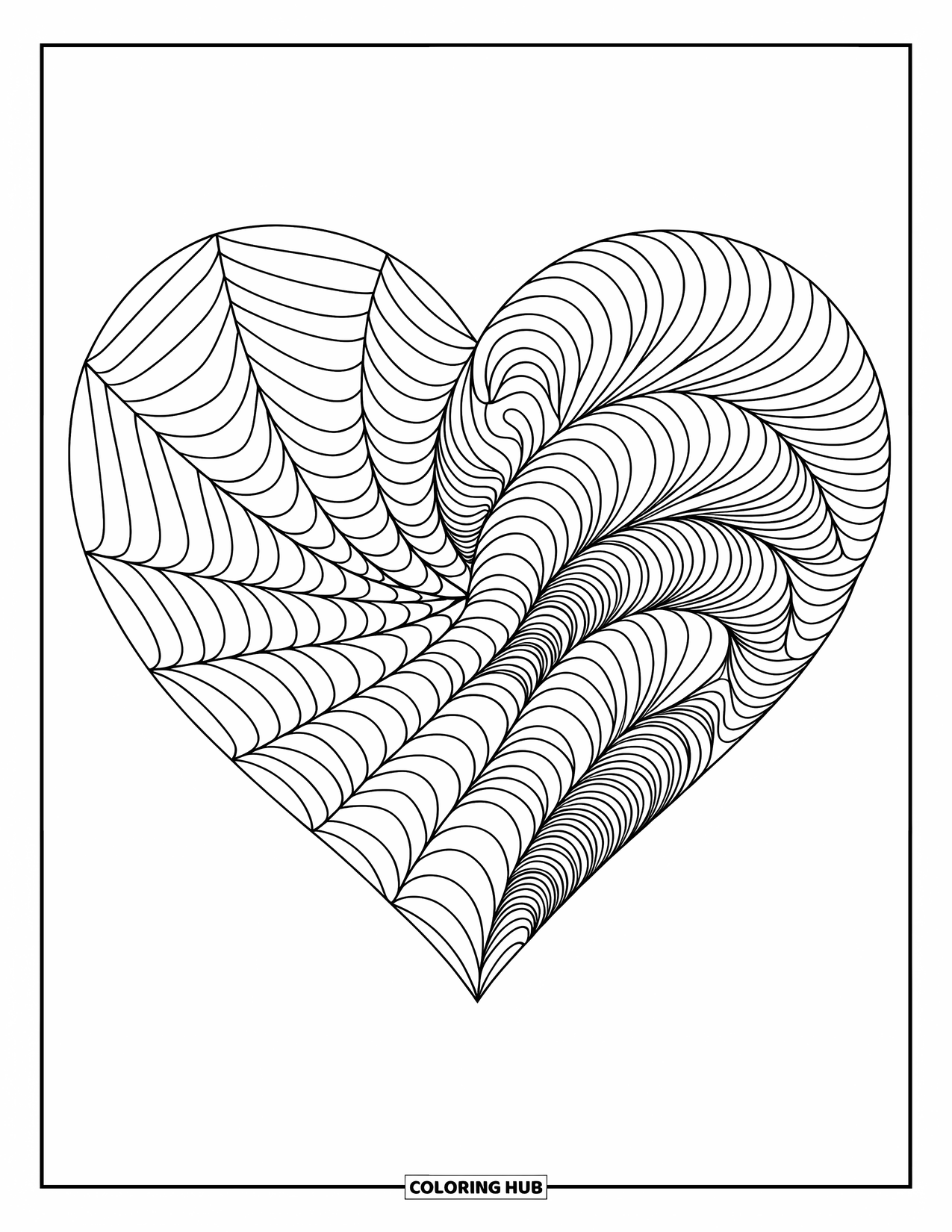 Heart Mandala Coloring Page for Adults: Geometric lines and swirling hearts build an intricate mandala around a central heart