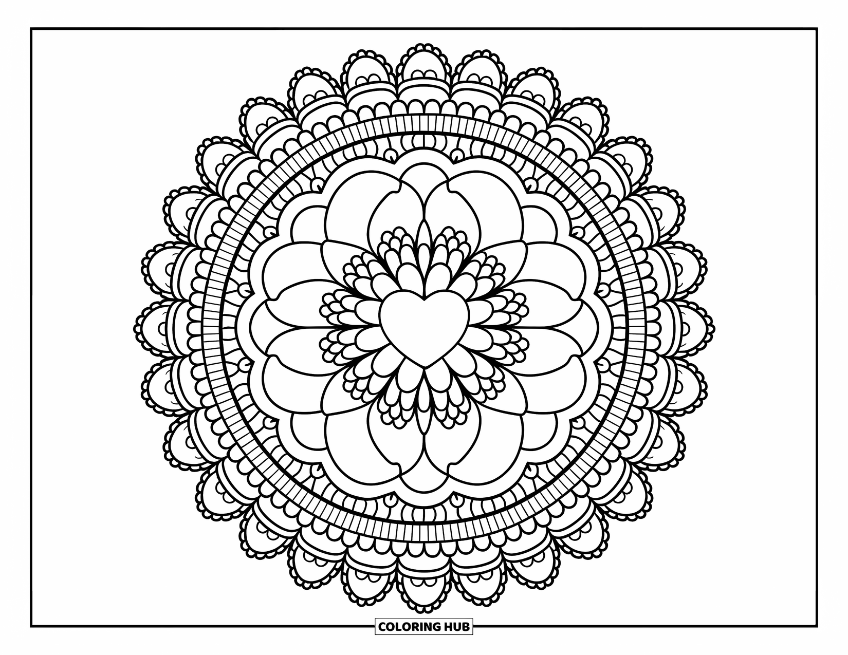 Heart Mandala Coloring Page for Adults: Interlocked hearts swirl outward with lace, heart garlands, and cozy hand-drawn charm