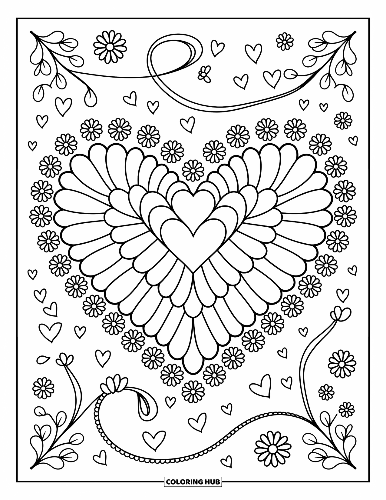 Heart Mandala Coloring Page for Adults: Petal-like hearts unfurl into a flower mandala with cute floral sprays and heart chains