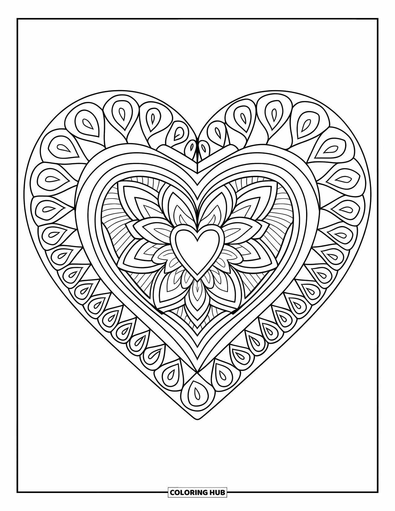 Heart Mandala Coloring Page for Adults: Spiraling hearts and bold geometric shapes swirl through this detailed mandala