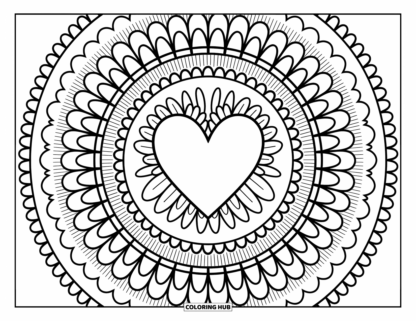 Heart Mandala Coloring Page for Adults: Tightly stacked heart rings grow from a bold center with fans, spirals, and floral circles