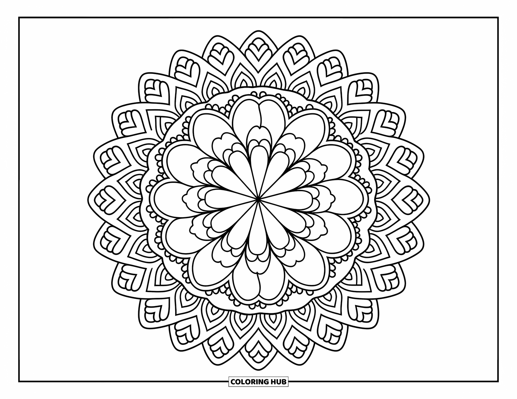 Heart Mandala Coloring Page for Adults: Tiny heart clusters expand from a flower-shaped rosette into playful lace and garland rings