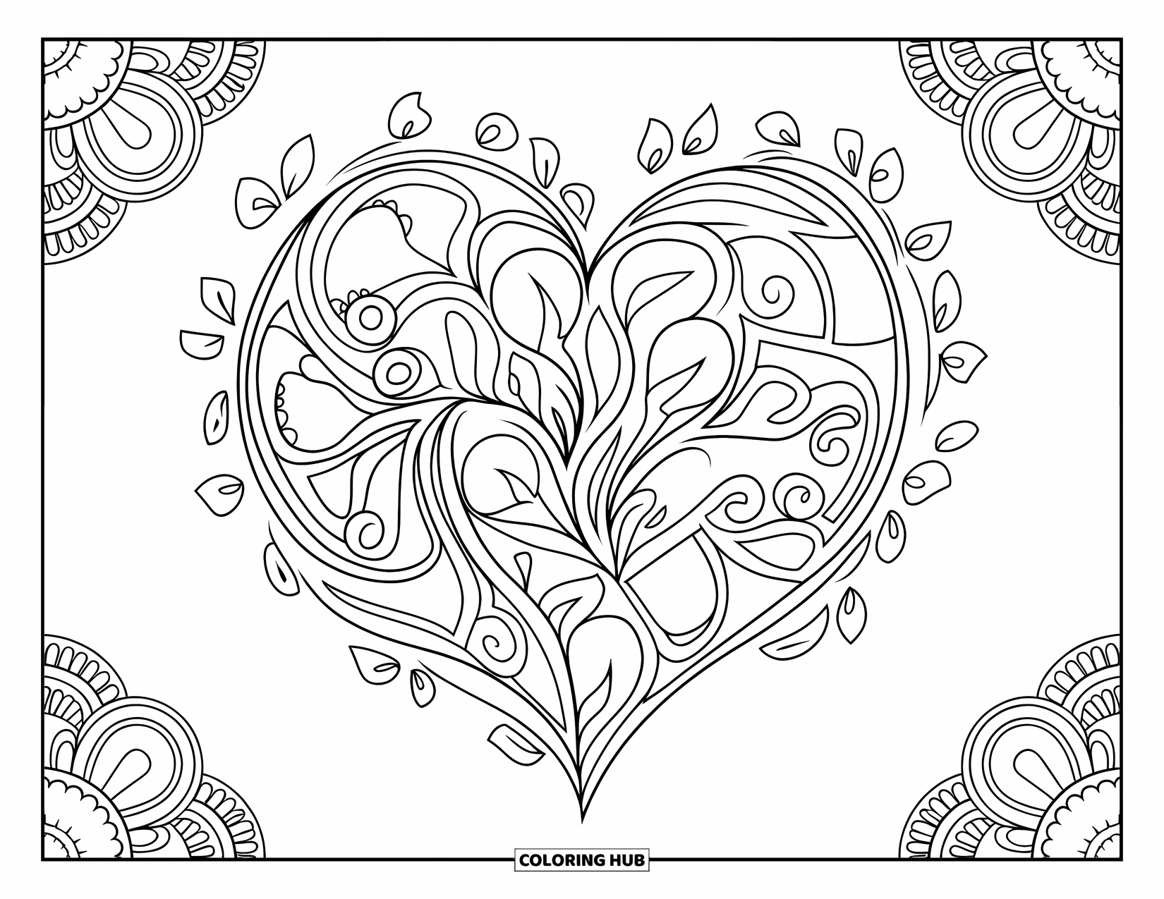 Heart Mandala Coloring Page for Adults: Vines and petals dance around a heart mandala packed with elegant, artistic details