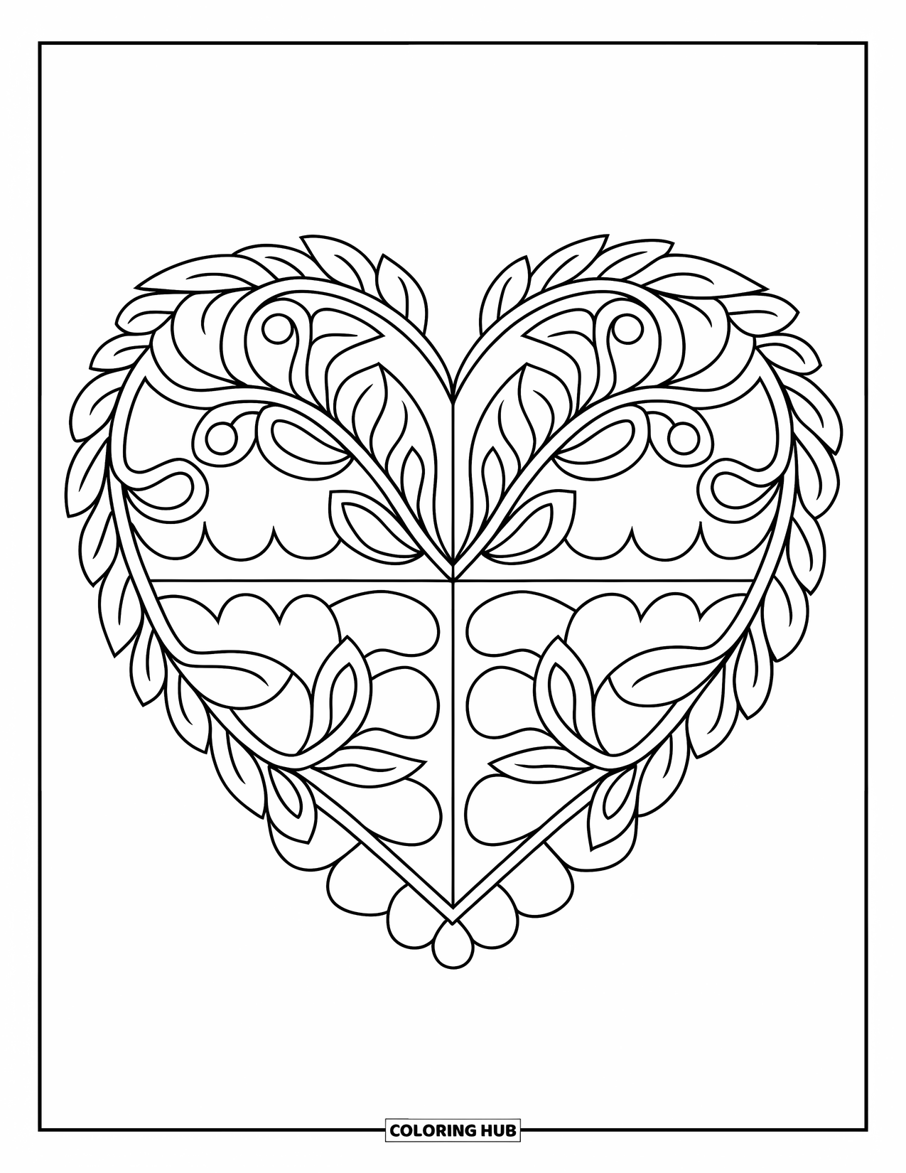Heart Mandala Coloring Page for Kids: A bold heart mandala is divided into patterned sections with vines and scallops