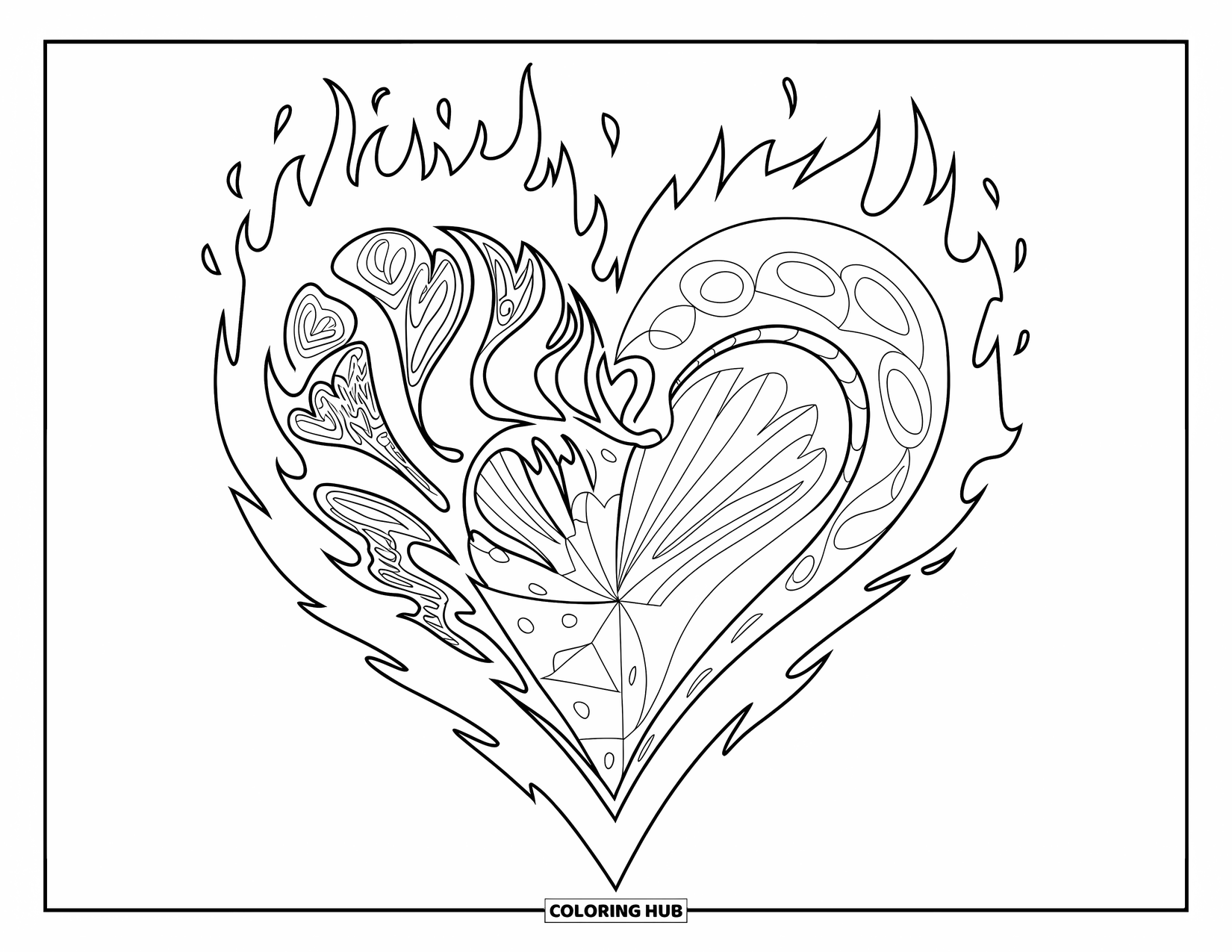 Heart Mandala Coloring Page for Kids: A bold heart mandala made of flames and curls bursts with dramatic detail