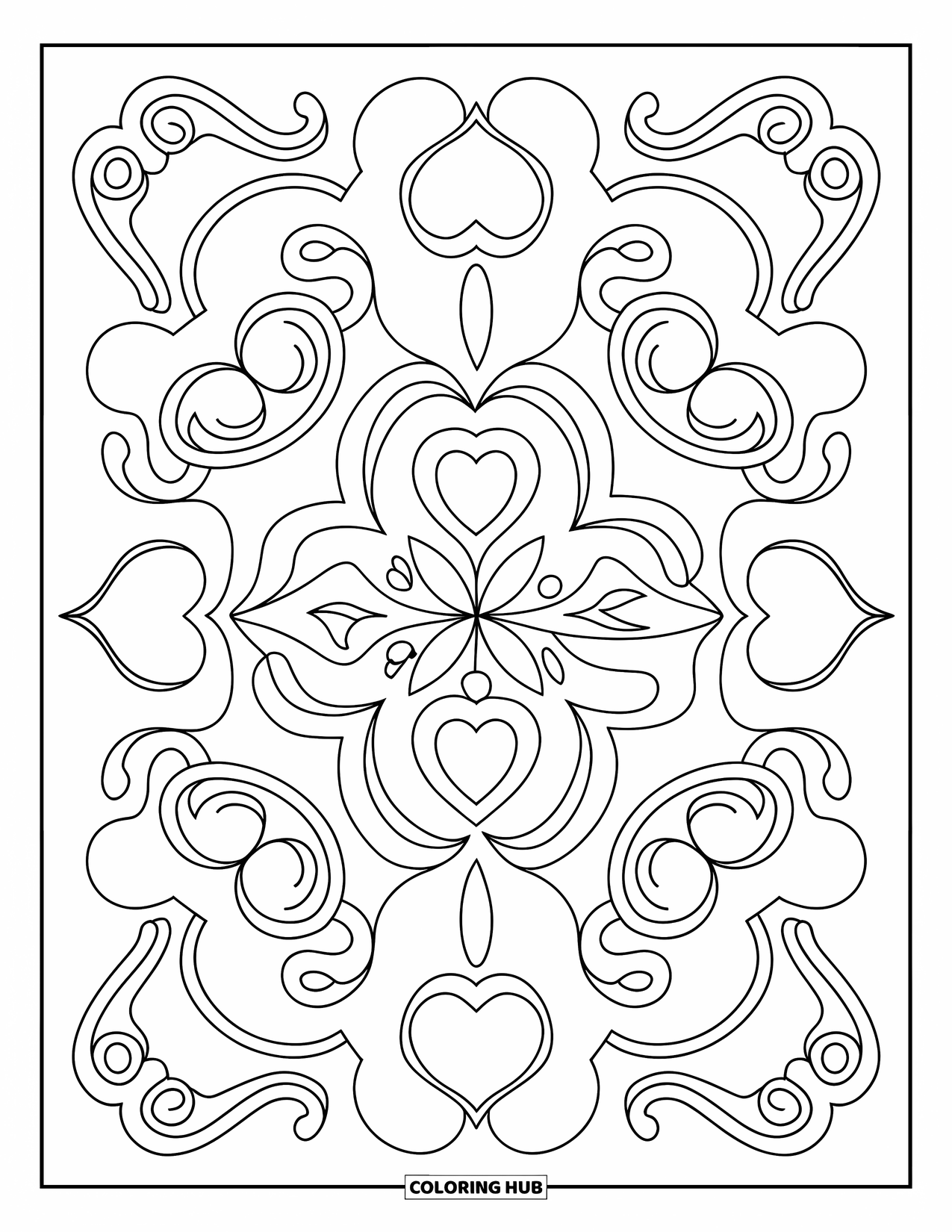 Heart Mandala Coloring Page for Kids: A bold mandala of hearts and curls radiates tribal-style symmetry throughout