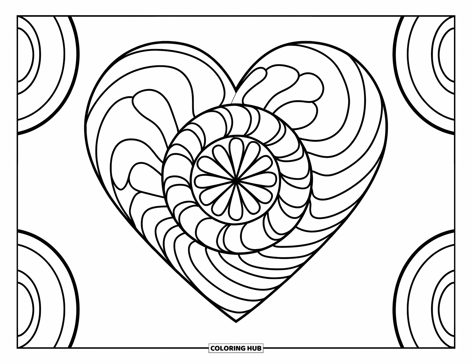Heart Mandala Coloring Page for Kids: A bold mandala of hearts, spirals, and circles shines with playful energy