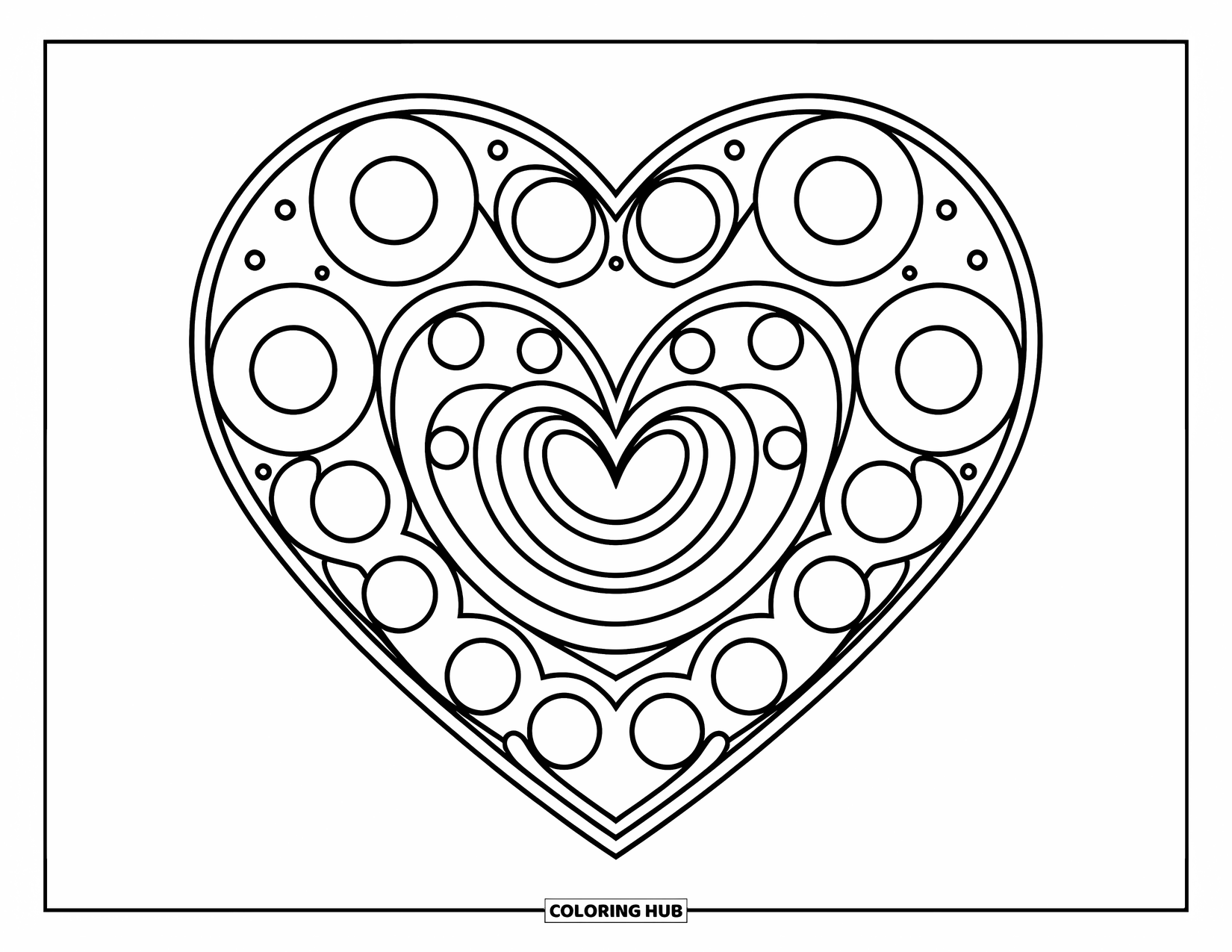 Heart Mandala Coloring Page for Kids: A circular mandala with hearts and spirals is perfect for playful coloring fun