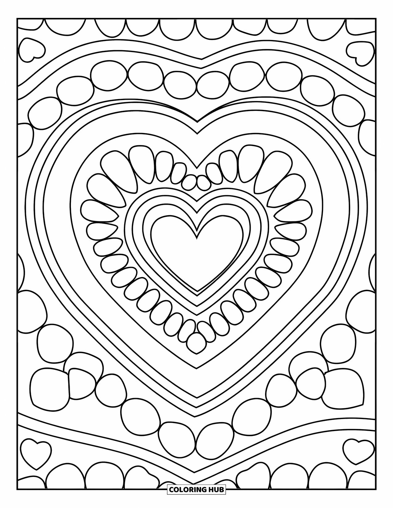 Heart Mandala Coloring Page for Kids: A happy mandala with big hearts and bold circles is perfect for little hands