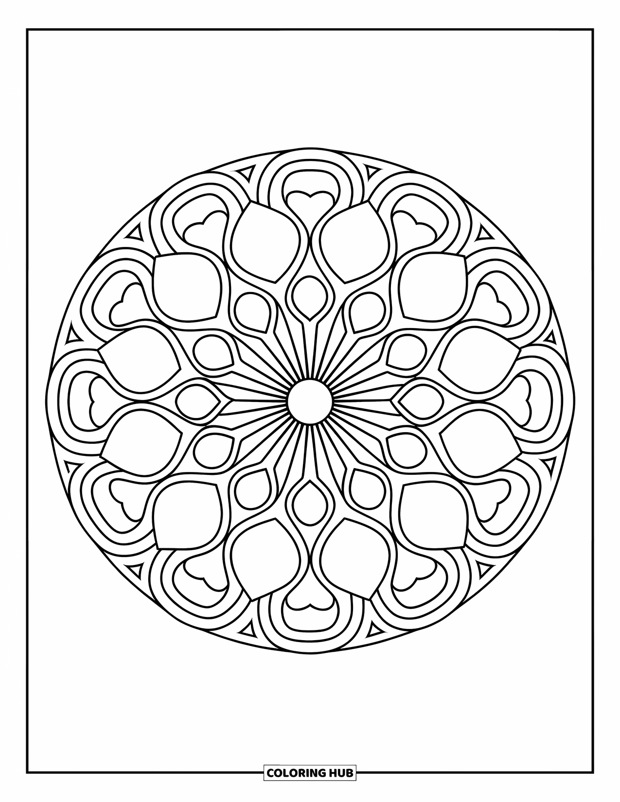Heart Mandala Coloring Page for Kids: A heart and triangle sunburst spreads across the page in bold, fun patterns