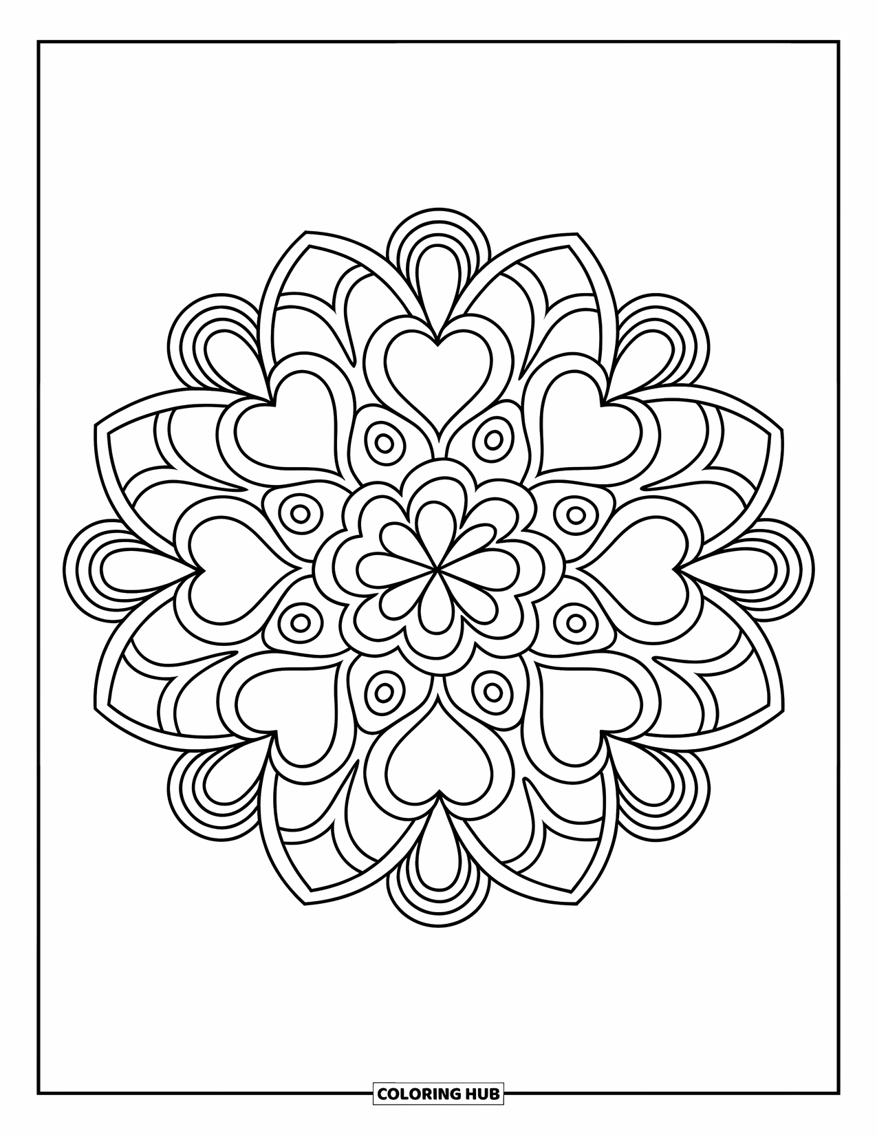 Heart Mandala Coloring Page for Kids: A heart mandala made of loops and tiny hearts creates a fun, full-page design