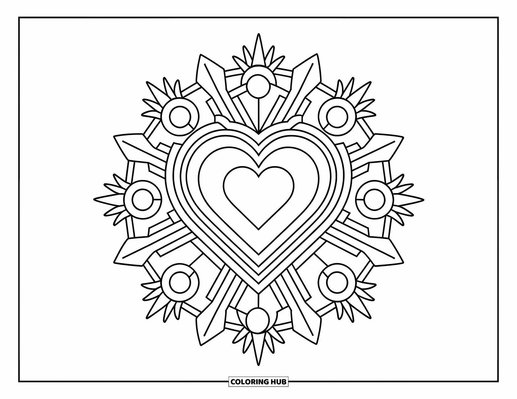 Heart Mandala Coloring Page for Kids: A heart mandala sparkles with starbursts, flowers, and playful geometric lines