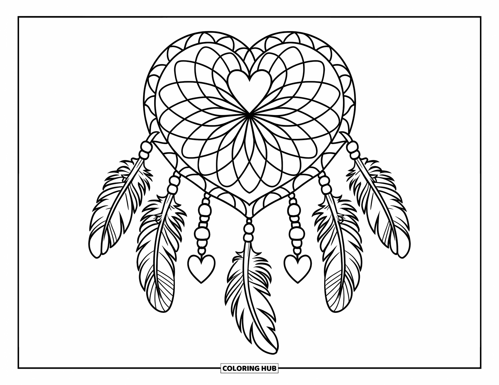 Heart Mandala Coloring Page for Kids: A heart-shaped dreamcatcher mandala with feathers, loops, and heart beads fills the page