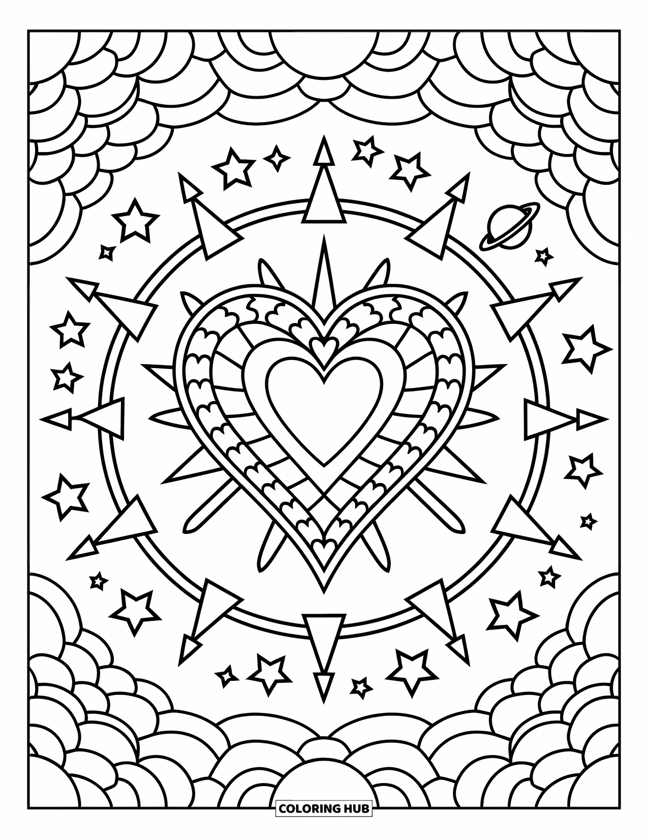 Heart Mandala Coloring Page for Kids: A heart surrounded by arrow rings and stars shines in this cosmic-style mandala