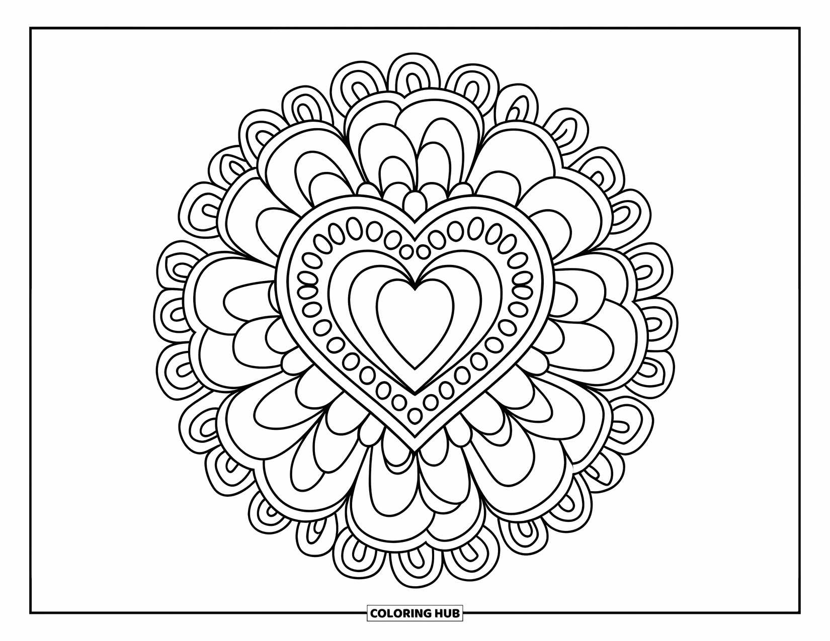 Heart Mandala Coloring Page for Kids: A layered heart mandala filled with spirals and flowers is simple yet fun