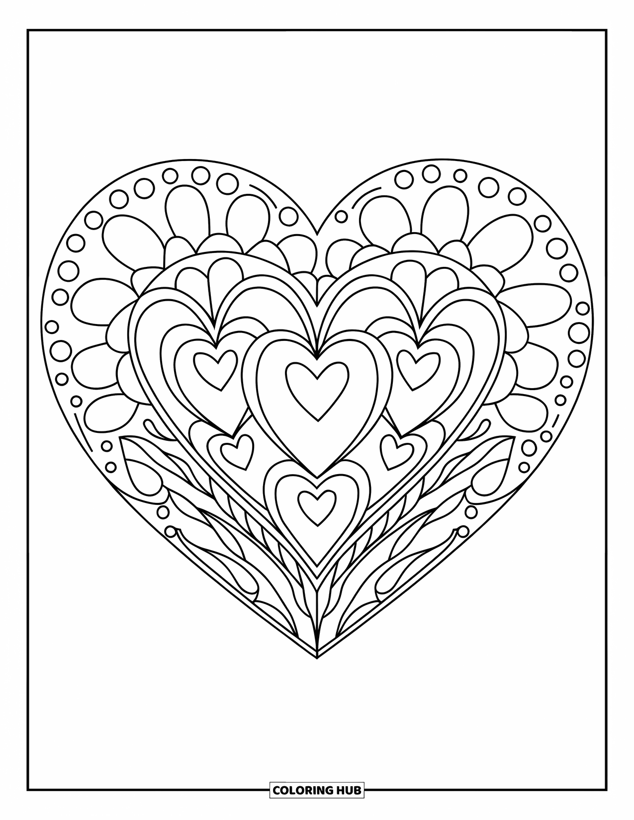 Heart Mandala Coloring Page for Kids: A layered heart mandala with flowers and circles fills the page with fun shapes