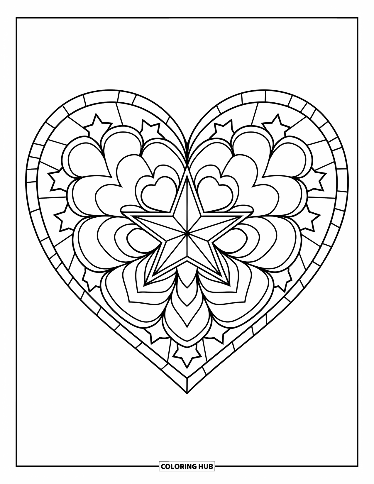 Heart Mandala Coloring Page for Kids: A star rests inside a heart mandala with bold shapes that radiate outward