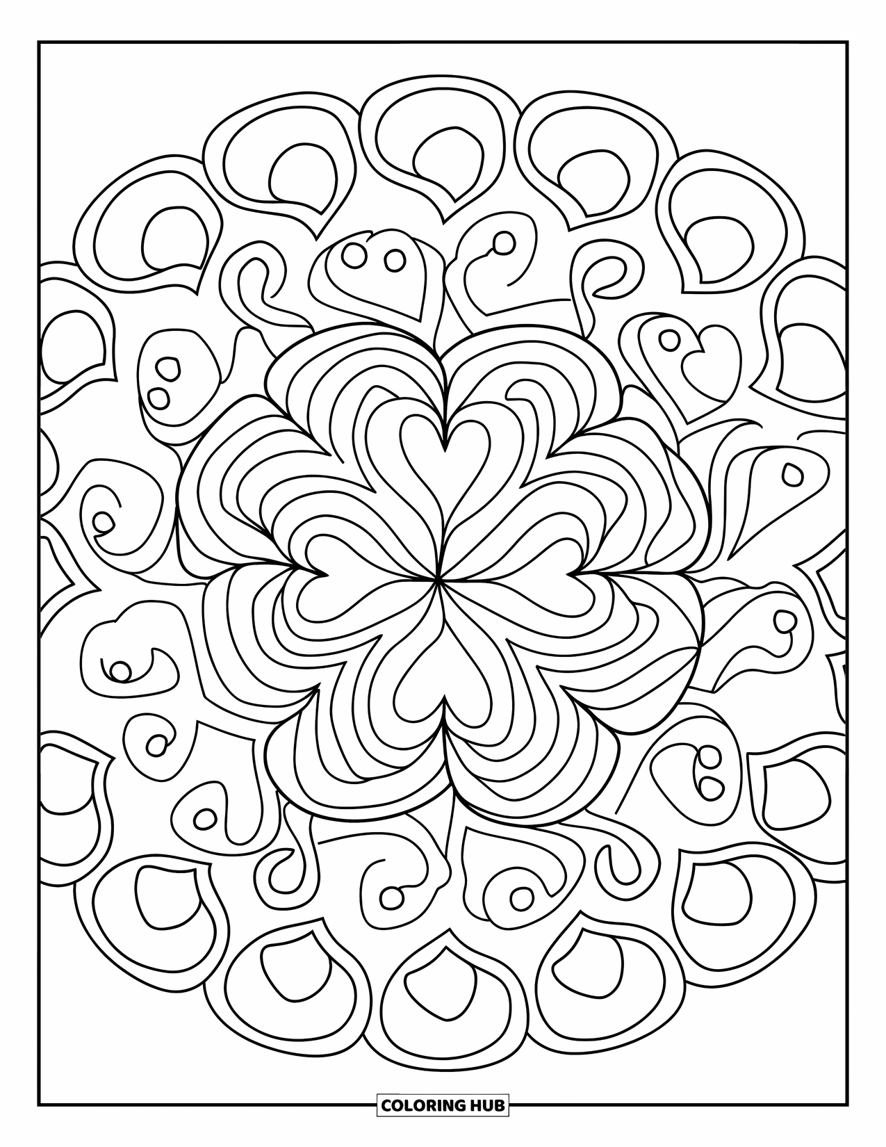 Heart Mandala Coloring Page for Kids: Alternating hearts and swirls form a cheerful mandala with engaging shapes