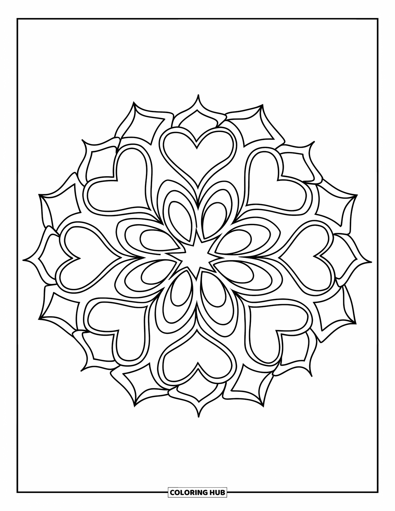 Heart Mandala Coloring Page for Kids: Big stars and hearts layer together in this sweet and simple mandala design