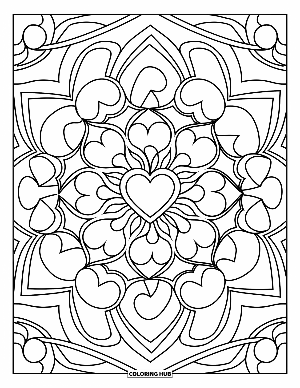 Heart Mandala Coloring Page for Kids: Curls and hearts swirl across a full-page mandala in a bold tribal pattern