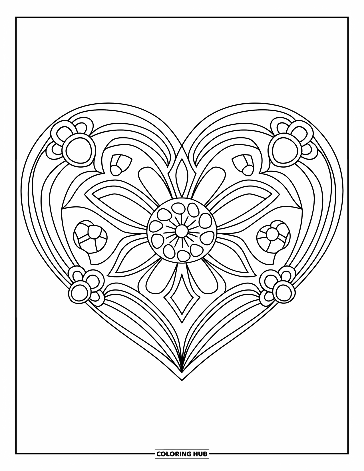 Heart Mandala Coloring Page for Kids: Floral rings and diamonds fill a mandala built around a central stylized heart