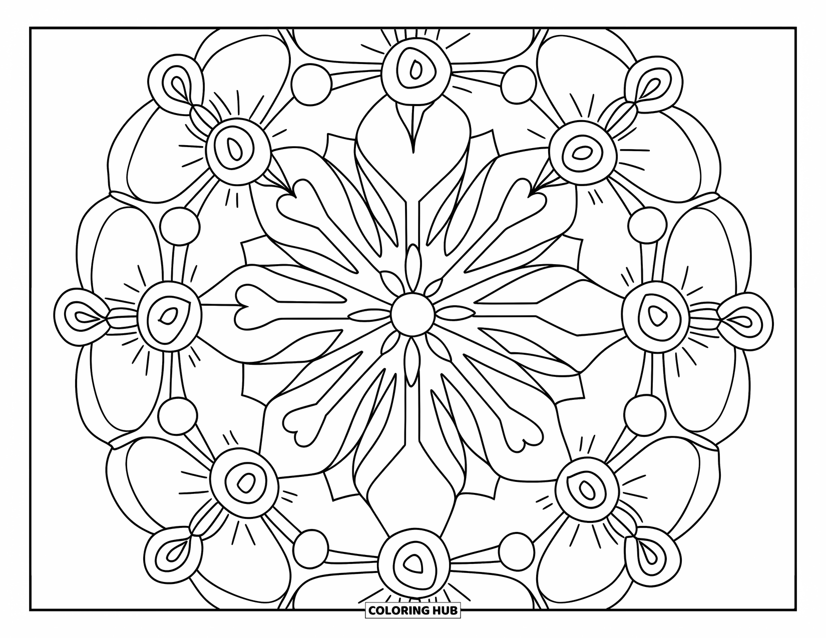 Heart Mandala Coloring Page for Kids: Geometric lines and hearts swirl with flower rings in a playful mandala
