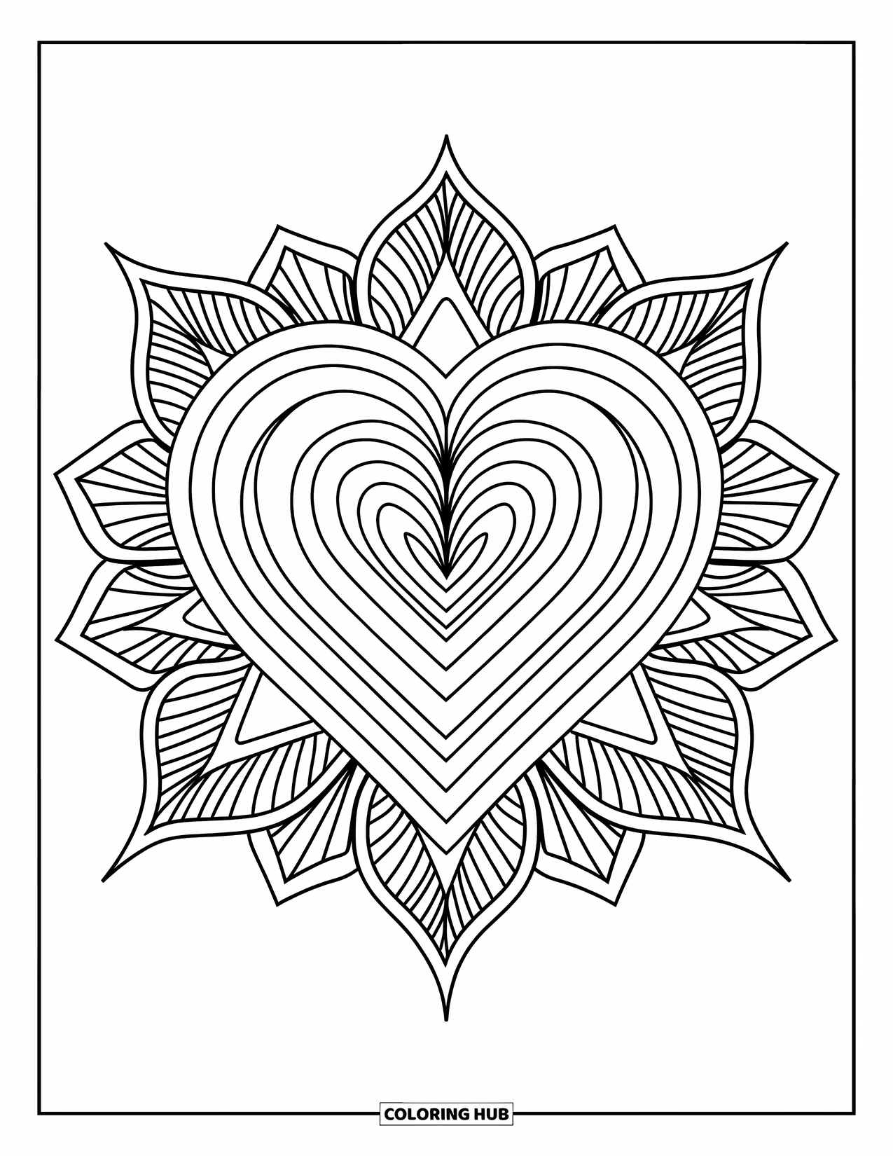 Heart Mandala Coloring Page for Kids: Geometric rays and petals surround a heart in this modern layered mandala