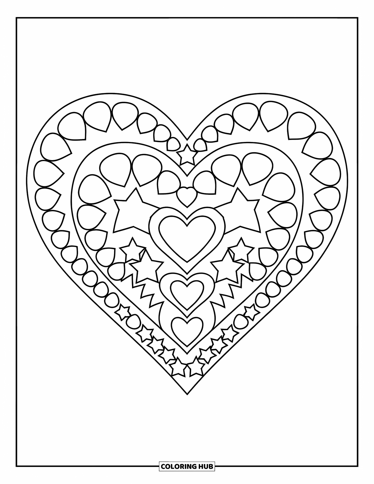 Heart Mandala Coloring Page for Kids: Hearts and stars create bold, playful layers in this full-page mandala
