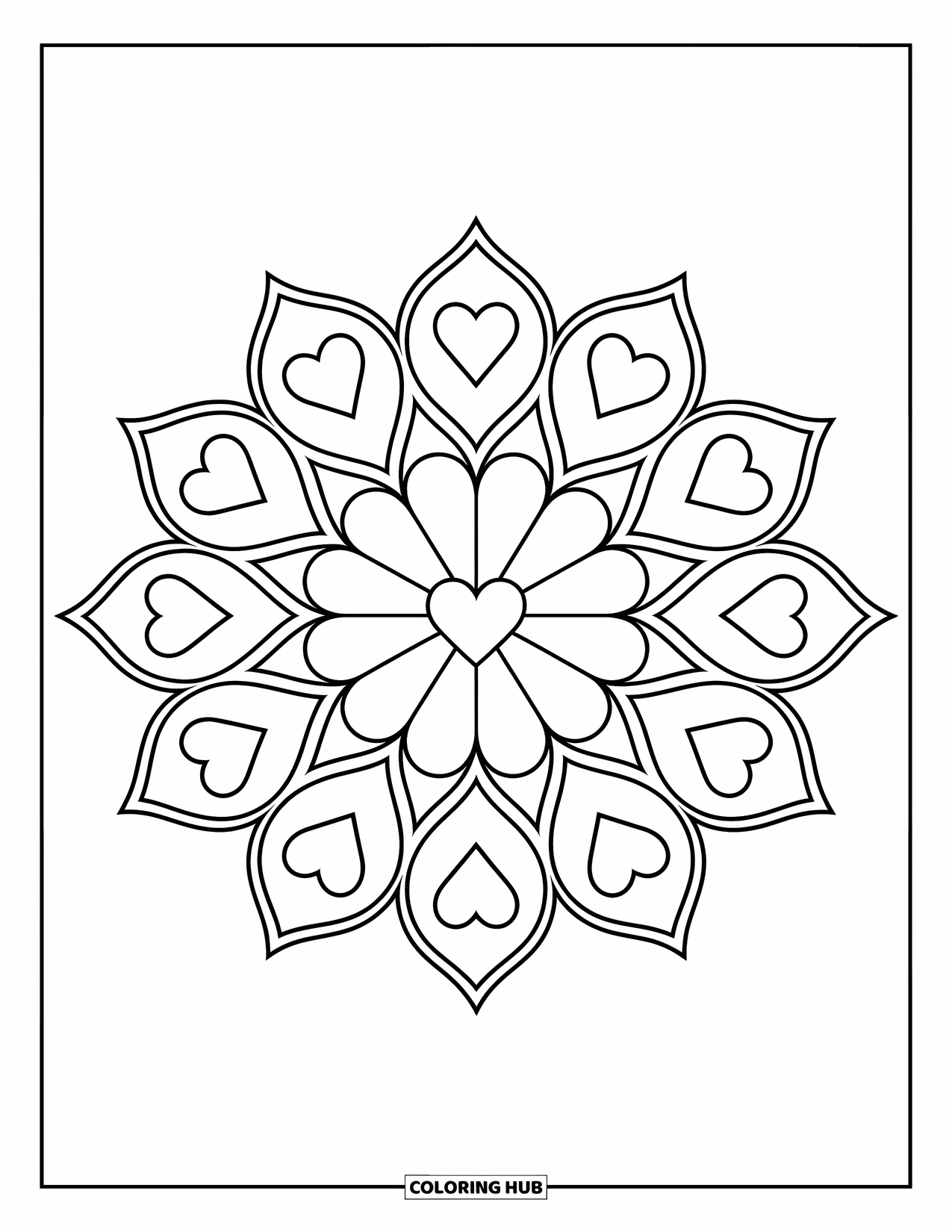 Heart Mandala Coloring Page for Kids: Hearts and triangles form a sunburst mandala with big, easy shapes to color