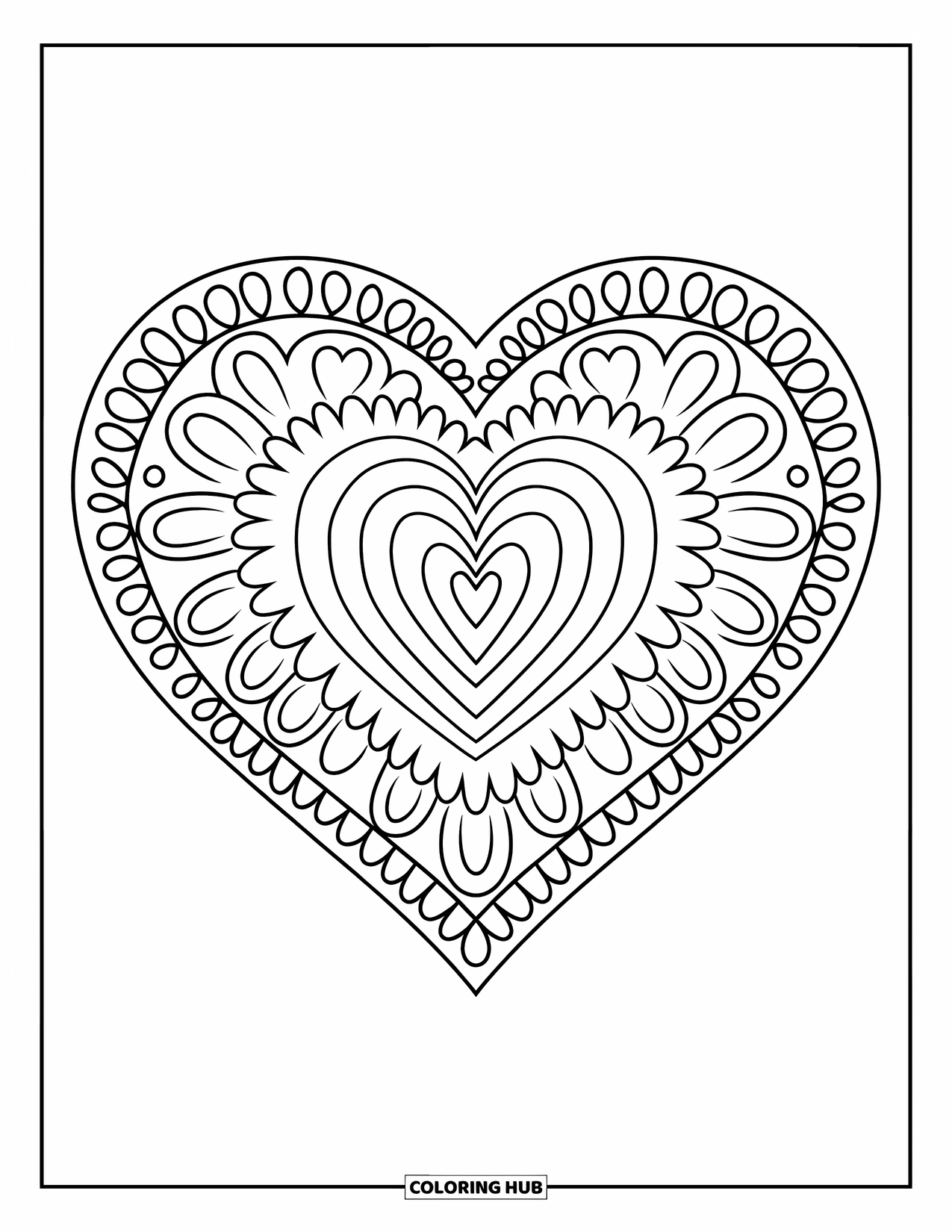 Heart Mandala Coloring Page for Kids: Hearts, flowers, and small circles create a playful mandala perfect for young artists
