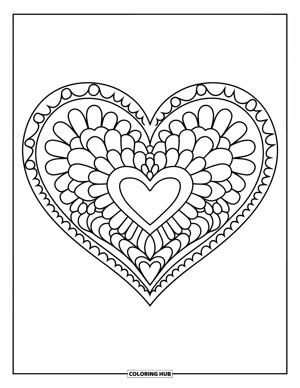 Heart Mandala Coloring Page for Kids: Layered hearts and petals create a cheerful mandala with bold lines for coloring