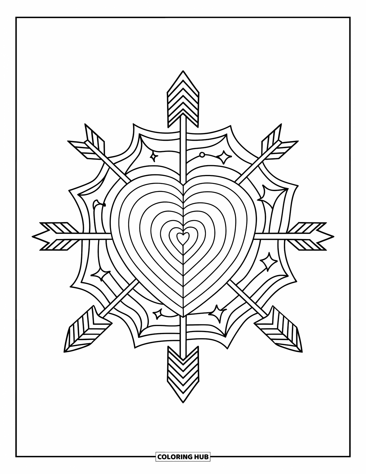 Heart Mandala Coloring Page for Kids: Stars and arrows swirl around a central heart in this dynamic mandala