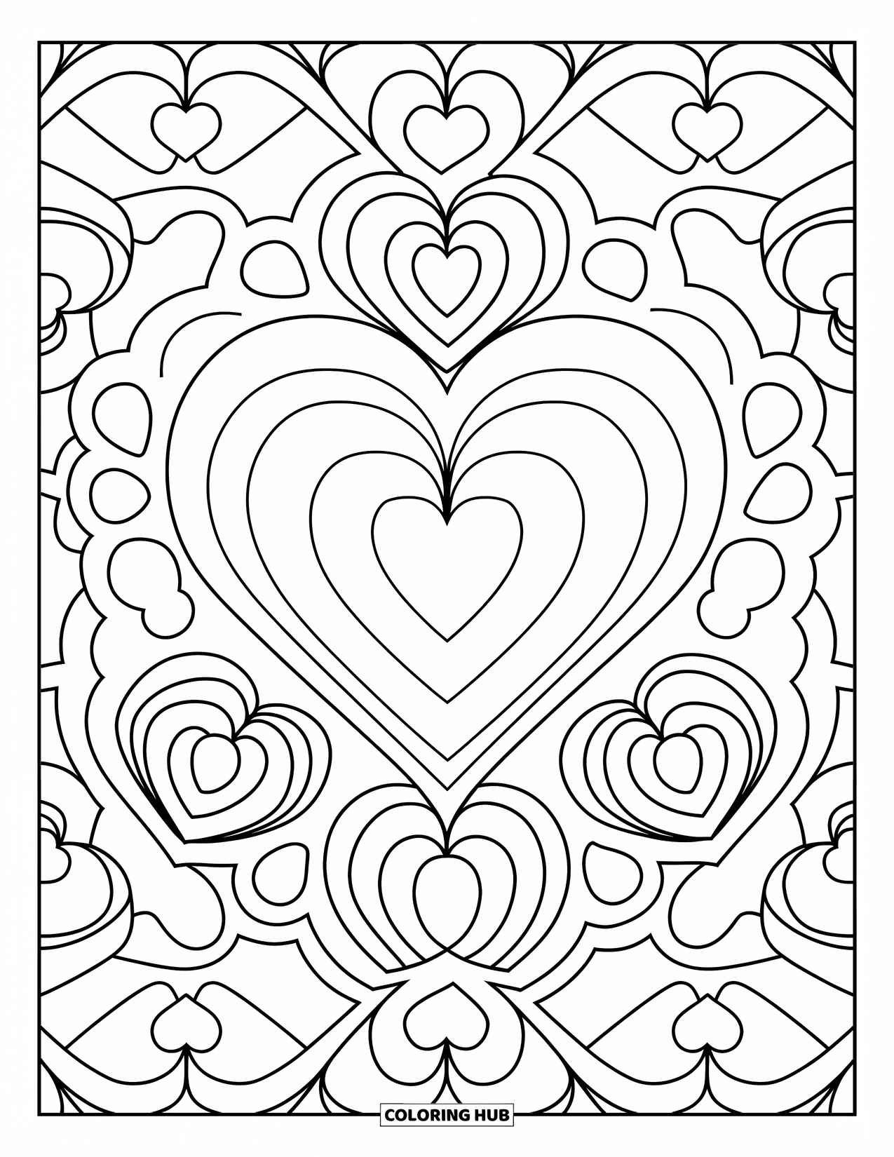 Heart Mandala Coloring Page for Kids: Thick heart outlines and circles repeat in a bright, bold mandala design