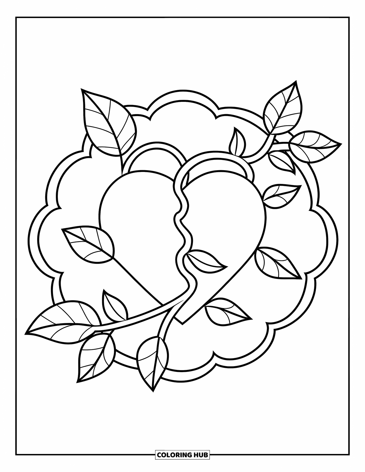 Heart Mandala Coloring Page for Kids: This leafy mandala wraps vines and scalloped lines around a central heart