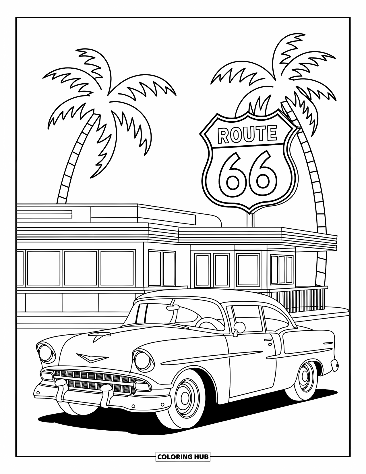 Hot Rod Coloring Page for Adults: Classic hot rod at a diner with Route 66 sign and swaying palm trees