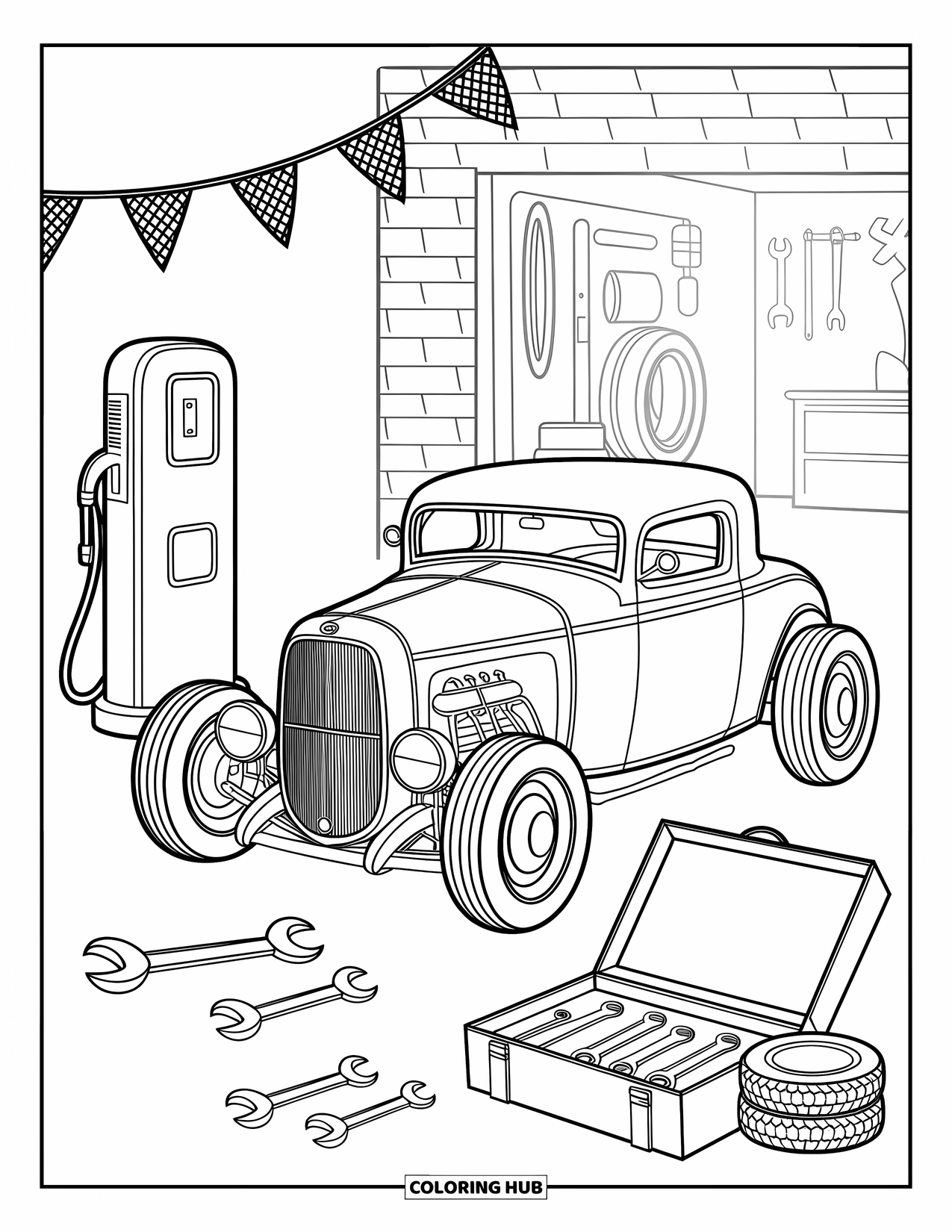 Hot Rod Coloring Page for Adults: Detailed hot rod at a pit stop with vintage gas pump and checkered flags