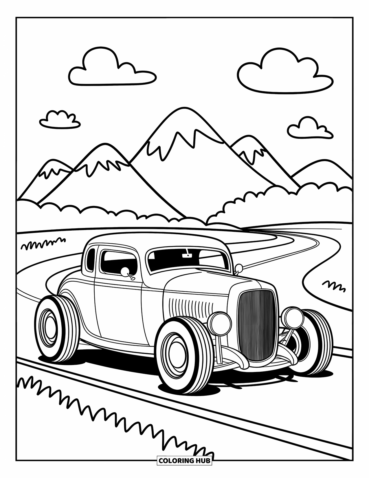 Hot Rod Coloring Page for Adults: Exaggerated-fender hot rod before mountains and a road into the distance