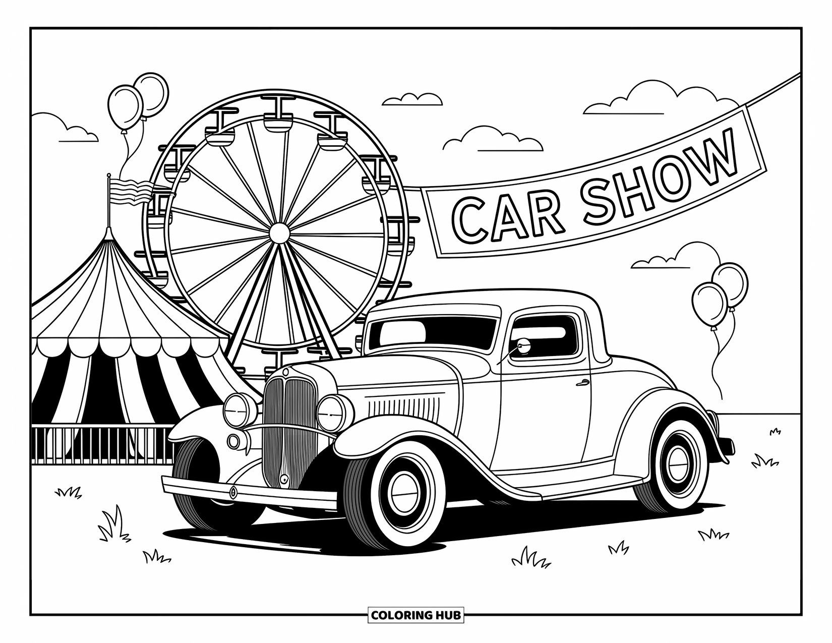 Hot Rod Coloring Page for Adults: Hot rod beside a ferris wheel and striped tent with ìCar Showî banner