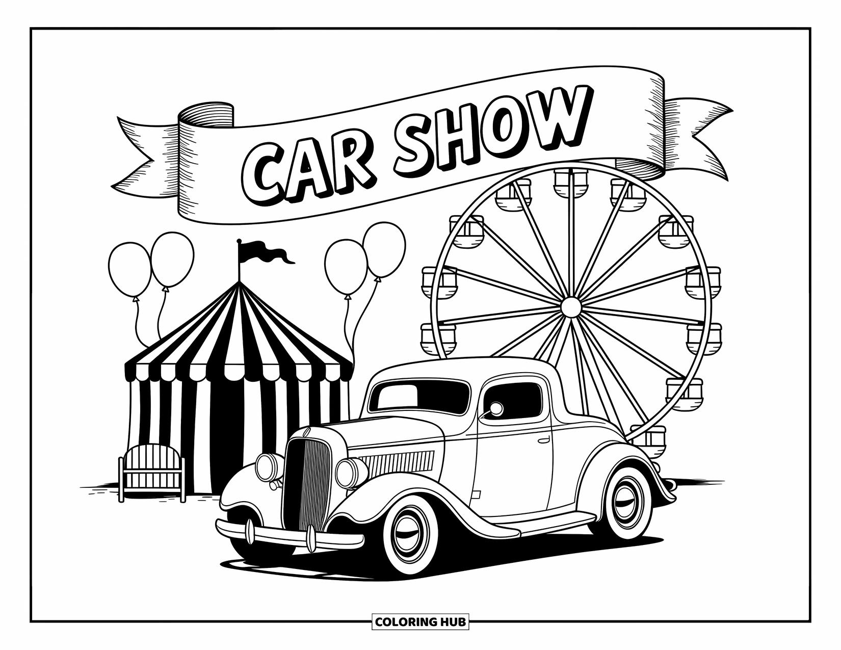 Hot Rod Coloring Page for Adults: Hot rod by a ferris wheel and tent under warm golden fairground light