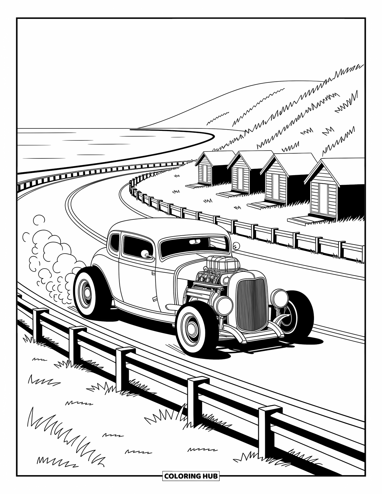 Hot Rod Coloring Page for Adults: Hot rod driving by the coast with hills, huts, and a calm blue sea