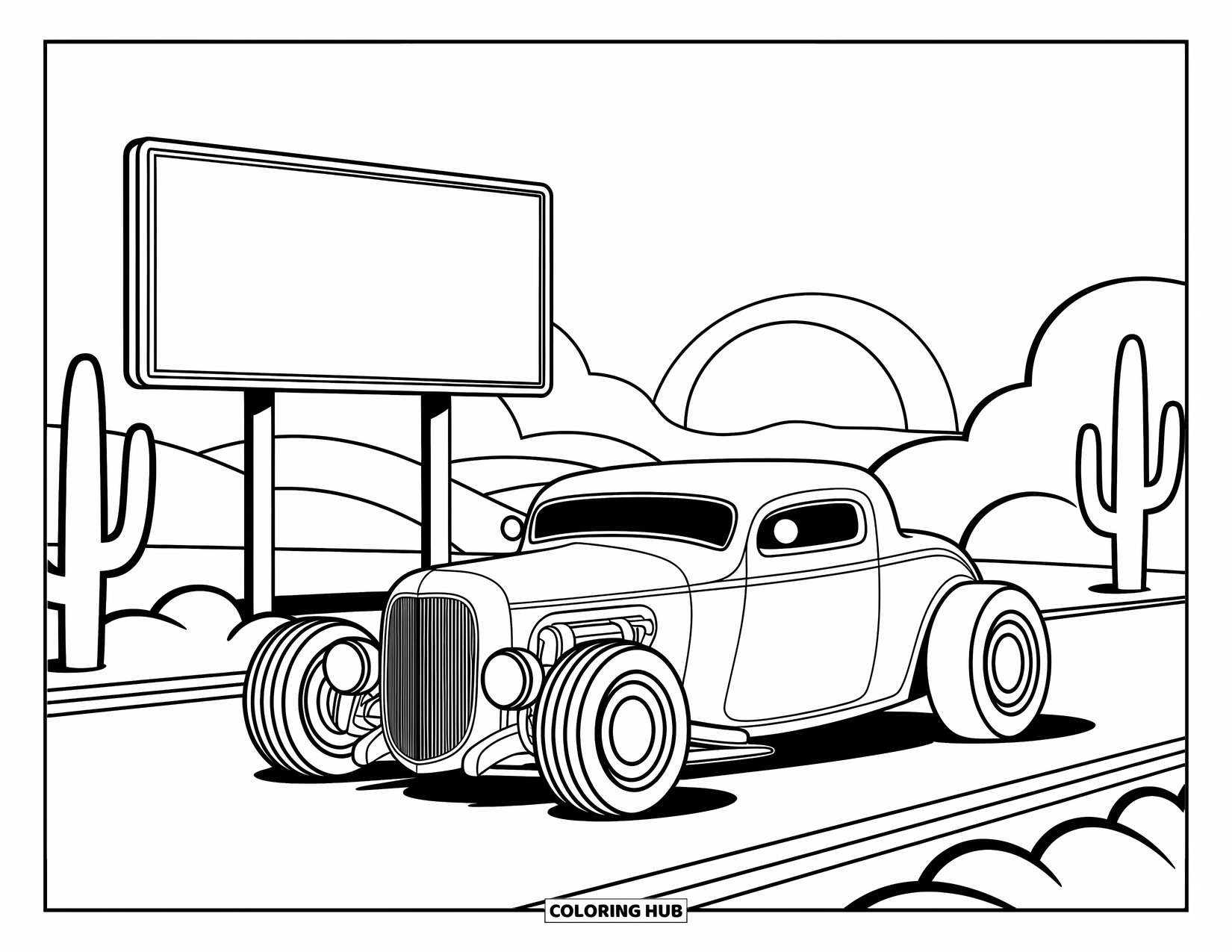 Hot Rod Coloring Page for Adults: Hot rod on a sunny desert highway with cacti and a weathered billboard