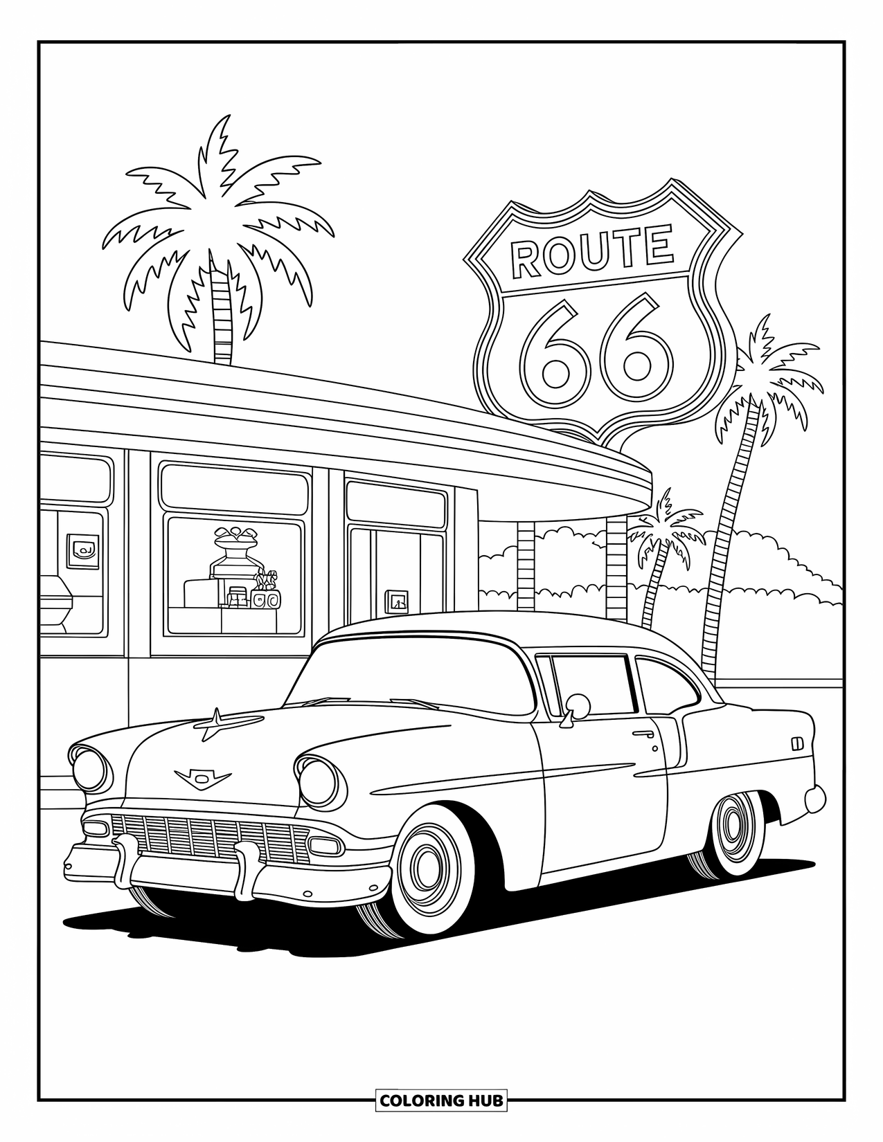 Hot Rod Coloring Page for Adults: Hot rod outside a cozy retro diner with palm trees and warm lighting