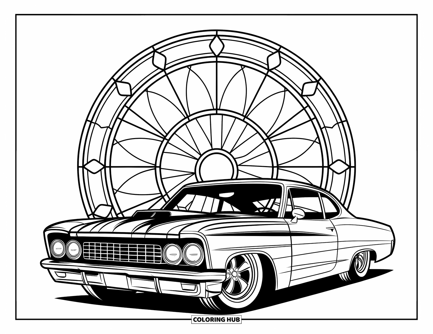 Hot Rod Coloring Page for Adults: Hot rod with chrome details and geometric stained glass background