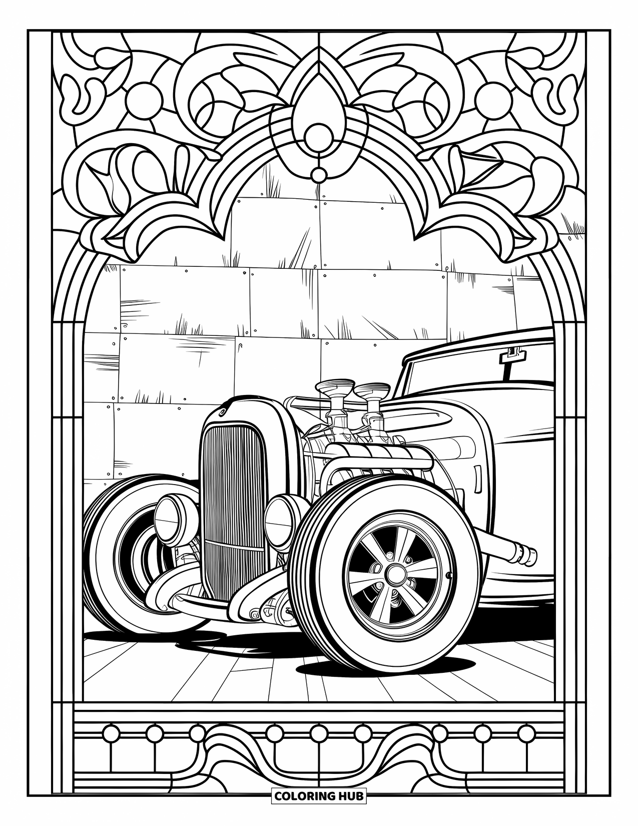 Hot Rod Coloring Page for Adults: Hot rod with ornate wheels framed by stained glass window