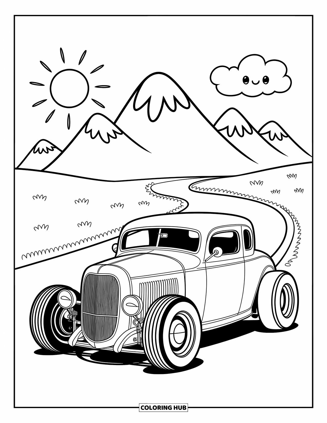 Hot Rod Coloring Page for Adults: Rounded-fender hot rod parked by mountains and a playful curving road