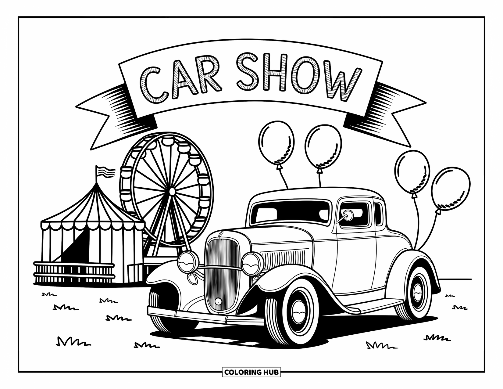 Hot Rod Coloring Page for Adults: Vintage hot rod at a fairground with balloons and a ìCar Showî sign